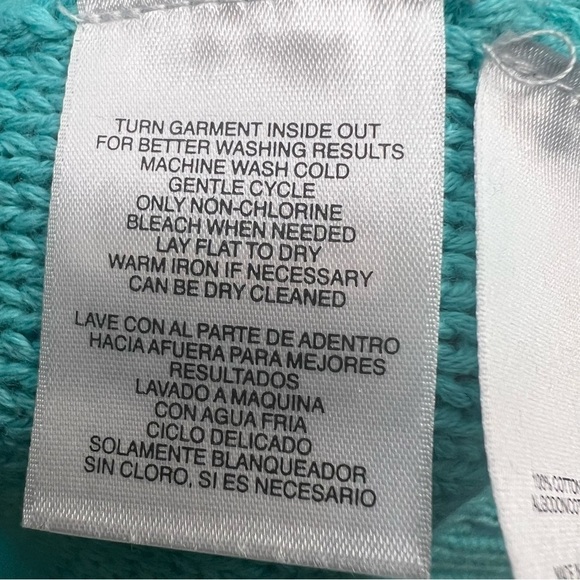 JNY Open Front Buttons Cable Knit Cardigan Teal Sz M Cotton Cottagecore Pocket - Picture 14 of 15